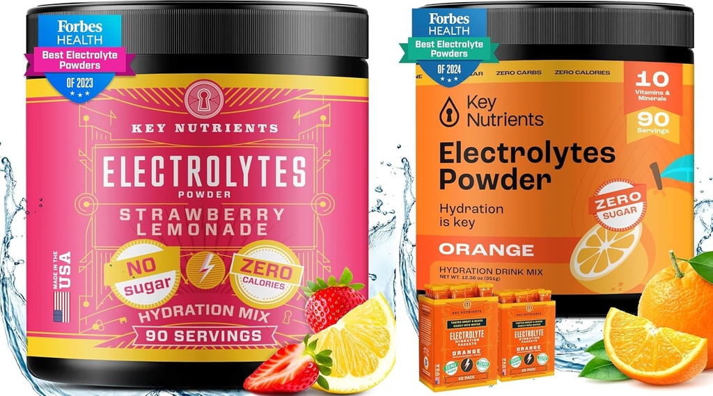 KEY NUTRIENTS Elektrolīti un multivitamīni Hidrēšanas pulveris Bandle – Juicy zemeņu citronāde & Tangy Orange Elektrolītu pulveri (90 apkalpo katru) – bez cukura, Keto-Draudzīgi, Nav kalorijas