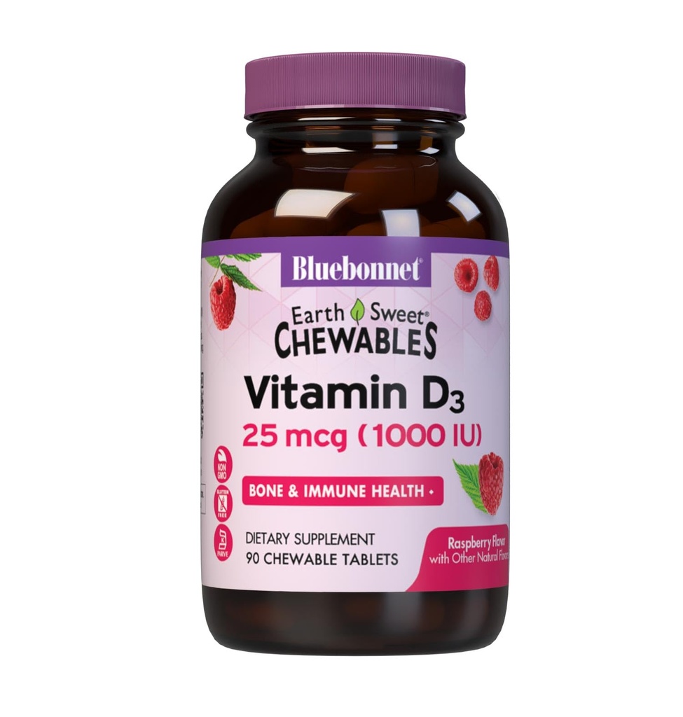 Bluebonnet Nutrition EarthSweet vitamīns D3 1000IU - Kaulu un imūnās atbalsta papildinājums - Aveņu košļājamā D vitamīna papildinājums sievietēm un vīriešiem - bez sojas, bez lipekļa, bez GMO - 90 tabletes