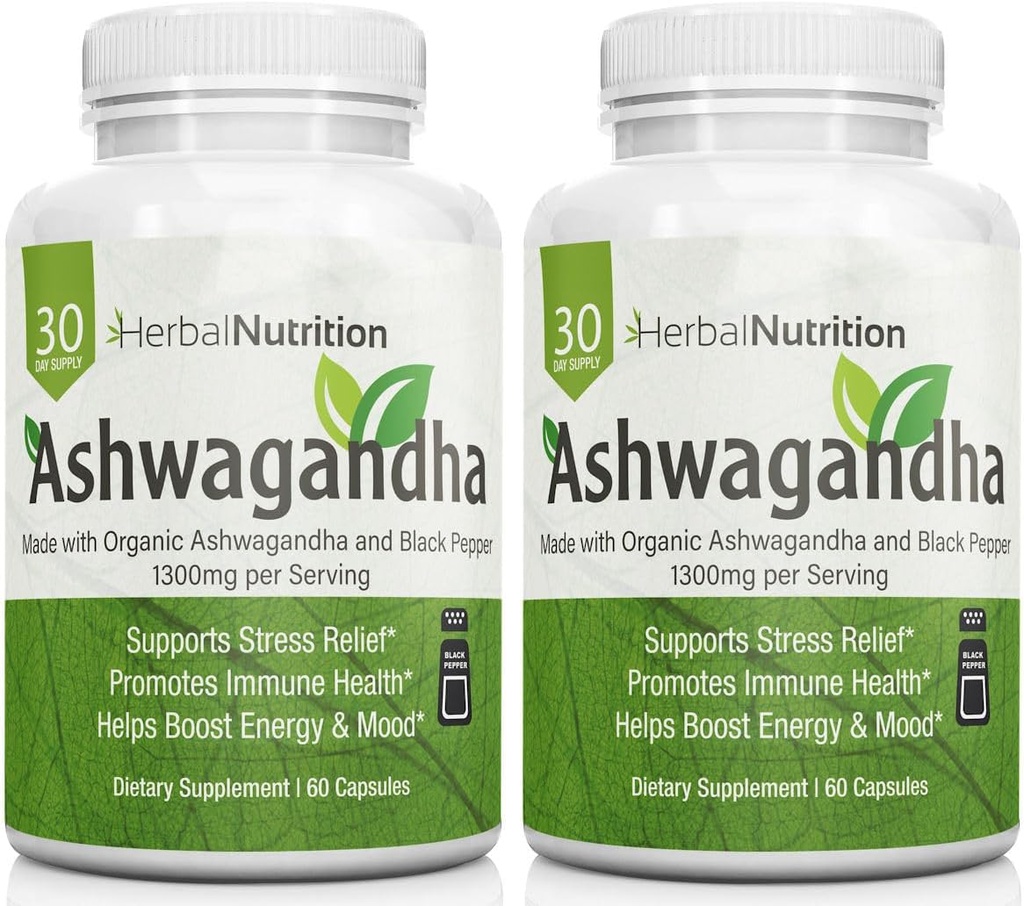 Augu Nutrition Organic Ashwagandha 1300mg Max Stiprums, Divas pudeles iepakojums, 120 Kapsulas Plus Black Pipars Biopieejamība