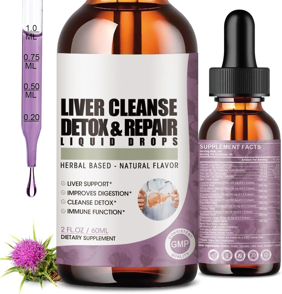 2 Iepakojums Aknu tīrīšana Detox un remonts Šķidruma pilieni ar piena dadži, Artišoka ekstrakts, Aknu papildinājums aknu tīrīšanai un detox, Antioksidants, Digestive Support,Vegan - 4 Fl Oz