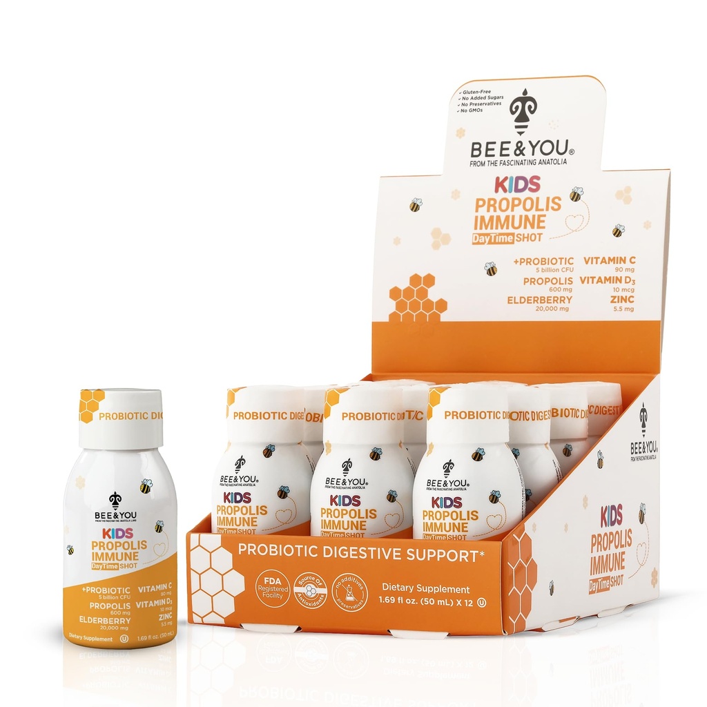 Bites un jūs bērni propoliss Imūnās dienas laiks Shot - probiotikas, vitamīns C, vitamīns D3, cinks, imūno atbalstu, Gut veselība, gremošanas veselība, 1.69 Fl. oz, 12 iepakojums