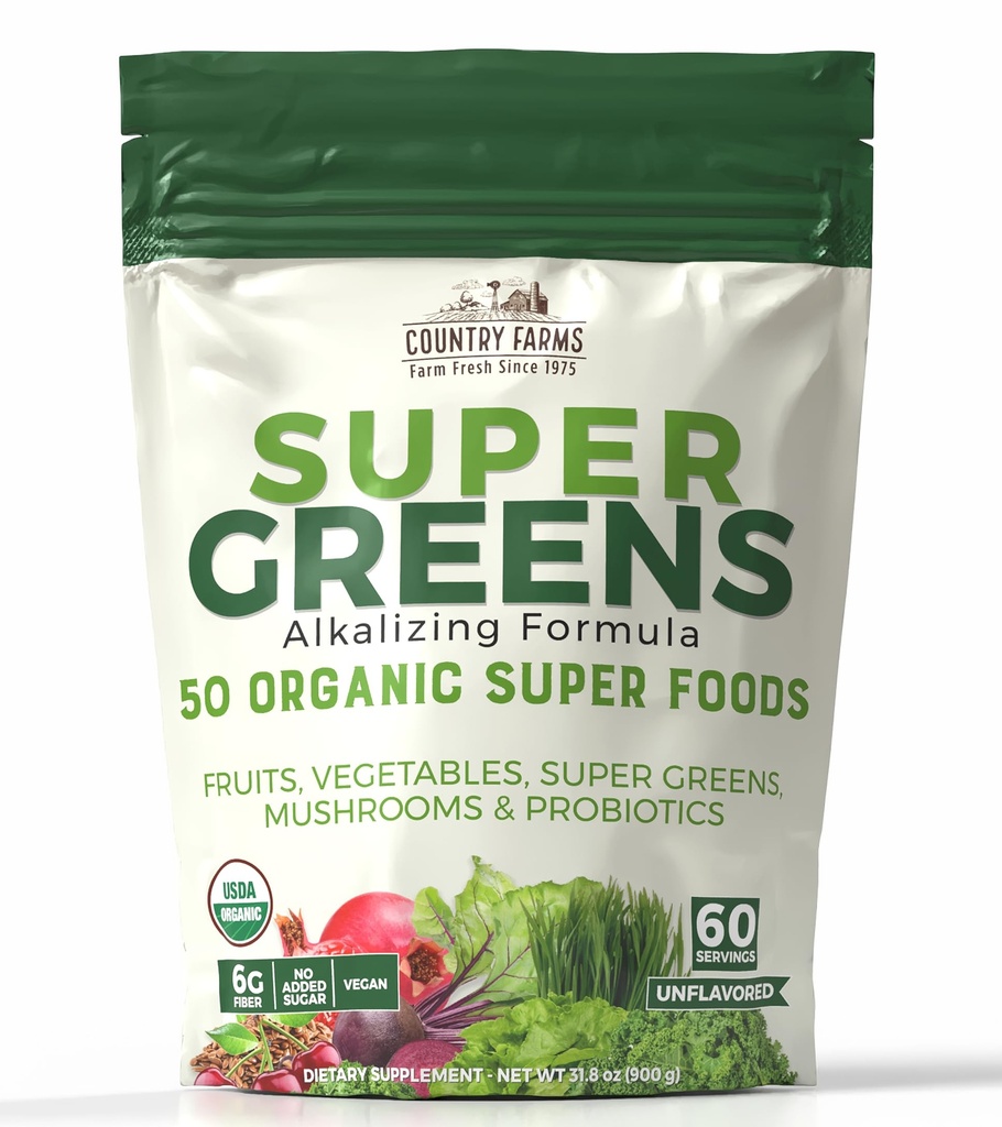 Lauku saimniecības Super Greens Dabīgs Flavor, 50 Organic Super Foods, USDA Organic Drink Mix, Augļi, Dārzeņi, Super Greens, Ar Fiber, Sēnes & Probiotikas, Atbalsta enerģija, 60 Servējumi, 900g