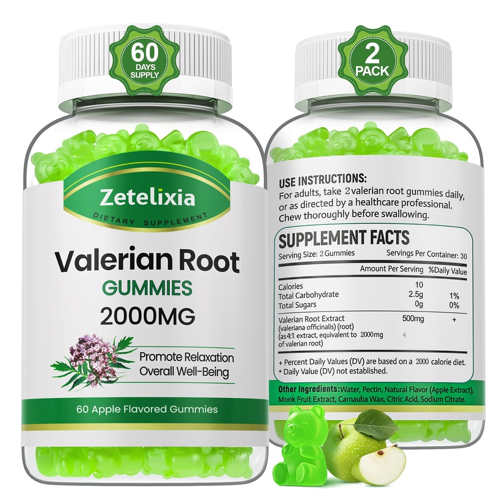 2 Iepakojums Organic Valerian Root Gummies, Augu Papildinājums Relaxation & Mood Support, Miega Gummies Bez Melatonin pieaugušajiem, Vegan, Non-GMO, Apple Flavor, 120 Count