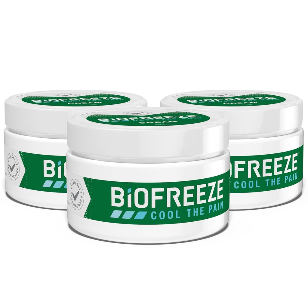 Biofreze Cream Menthol 3 OZ Jar (iepakojums 3) saistīts ar skābo muskuļu, artrīts, vienkāršas muguras sāpes, un locītavu sāpes (iepakojums var būt)
