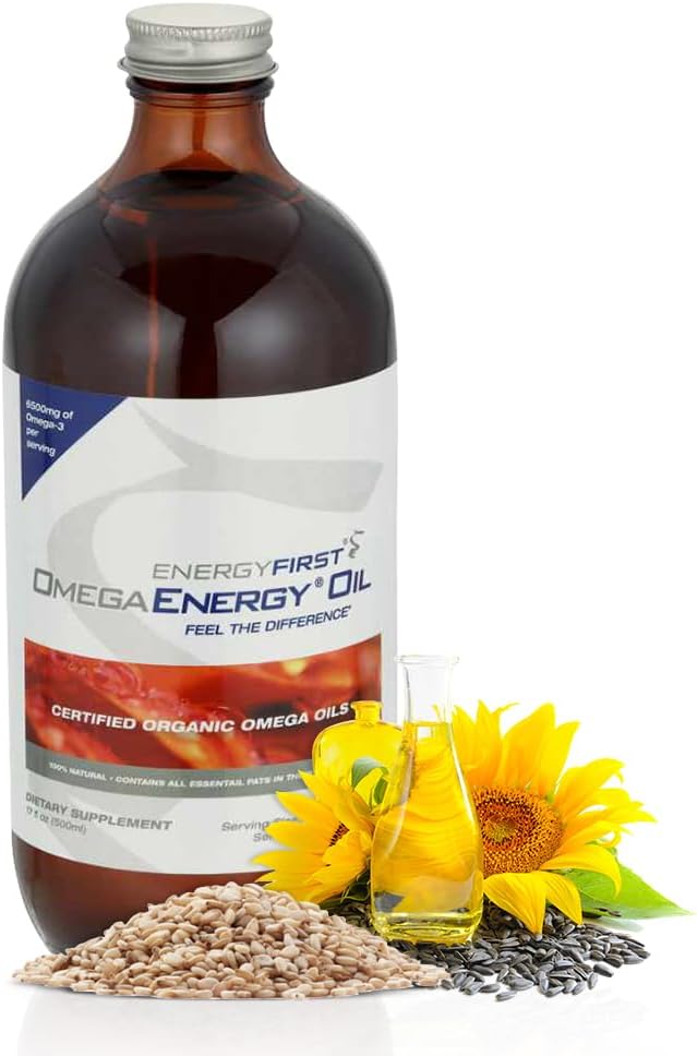 EnerģijaPirmā Omega enerģijas eļļa - Omega 3 & 6 Papildinājums ar Linsēklu, saulespuķu, sezama un ķirbju sēklu eļļu, Vegan Antioksidantu & 12oz