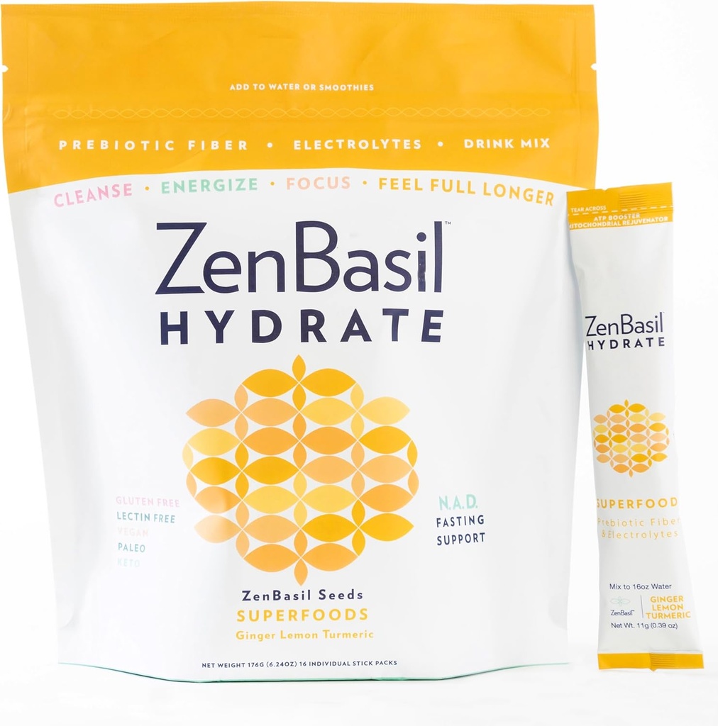 Zen Basil Hydrate - ingvera citrona kurkuma      - Elektrolītu hidrācijas pulvera paciņas - - Gavēšanas atbalsts - bez cukura, Keto, Paleo - 16 Sticks -- Šūnu hidrācija