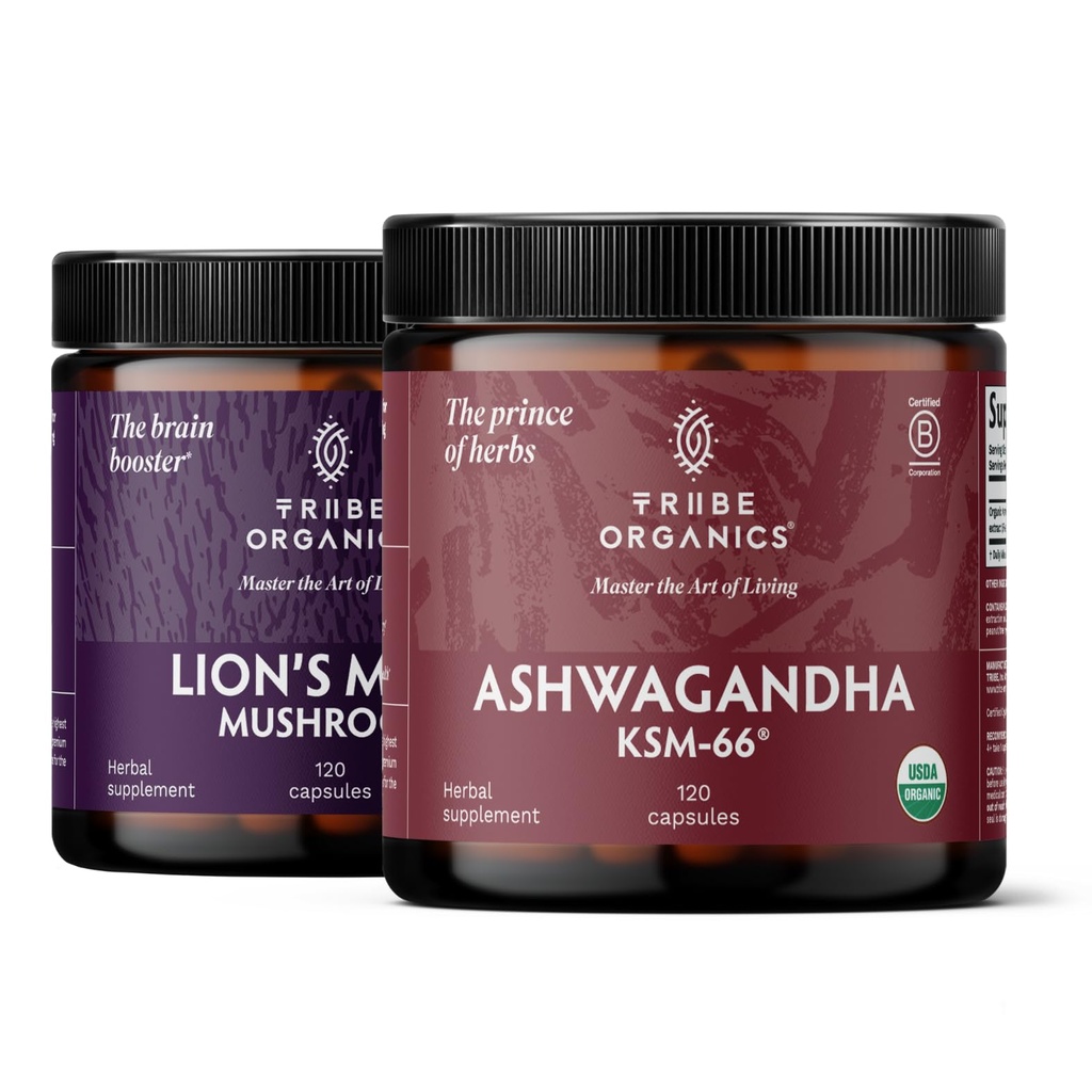 TRIBE ORGANICS NOOTROPIC Duo - KSM66 Ashwagandha + Organic Lion's Mane - Beyond Focus, Mind Information and Mind Health