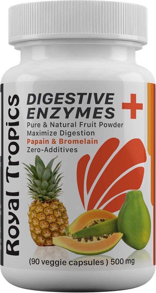 Royal Tropics Gremošanas fermentu piedevas - Veģetārs formula ar zaļo Papaya Pievienots Bromelain Acid Reducer for Perfect Gut Health Veggie 90 Kapsulas 500 mg