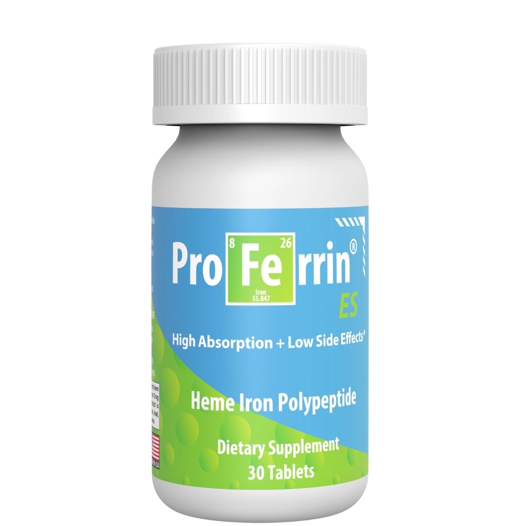 Proferrin ES- 10,5 mg augstas absorbcijas Heme Iron Polypeptide. Ražots ASV. 30 tabletes. Mierīgi uz Guta. Neietekmē kafija, kalcijs, vai PPI s.