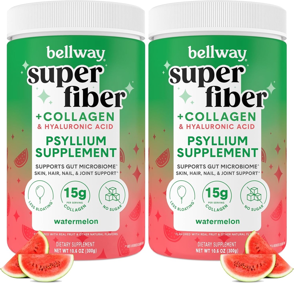 Bellway Super Fiber pulveris + kolagēns (2 iepakojums), bezcukura Psylium Husk Pulveris ar kolagēna peptīdiem un hialuronskābi zarnu veselībai, vesela āda, naglas, kauli un locītavas, arbūzs (21,2 oz)