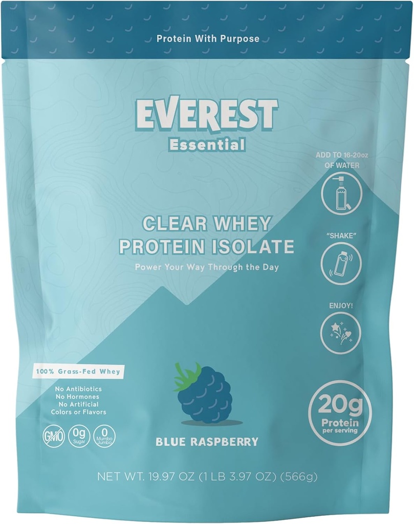 Everest Essential, 100% Zāles-barības proteīna pulveris (20 Kalpojumi), Zilā avenes, Nulle Cukurs, Laktoze-free, Elektrolīts-Infūzija, Zāles-barības proteīna izolāts, Dabīgs Flavor, 20g Olbaltumvielas uz apkalpo