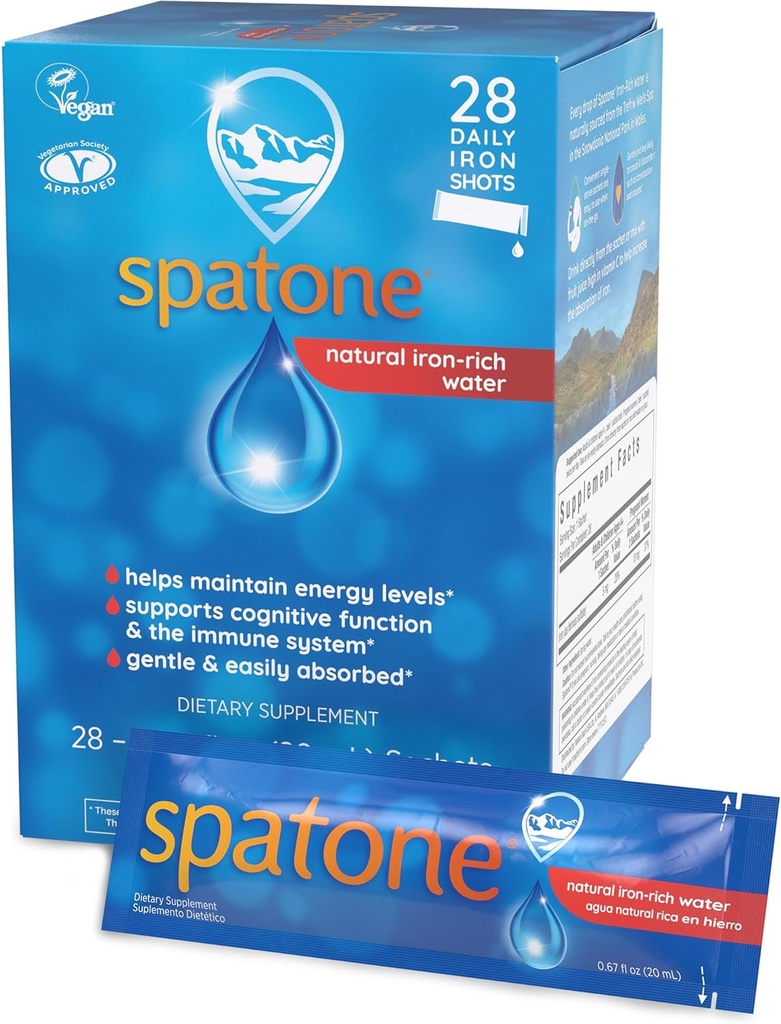 Spatone Dabīgs šķidrā dzelzs papildinājums sievietēm - Vīriešiem un bērniem Laikmets 4+ - Ideāls grūtniecības laikā - Viegli Absorbēts un maigs - Vegan - Veģetārs - Original Flavor - 28-Day - 5mg dzelzs Uz 20ml Sachet