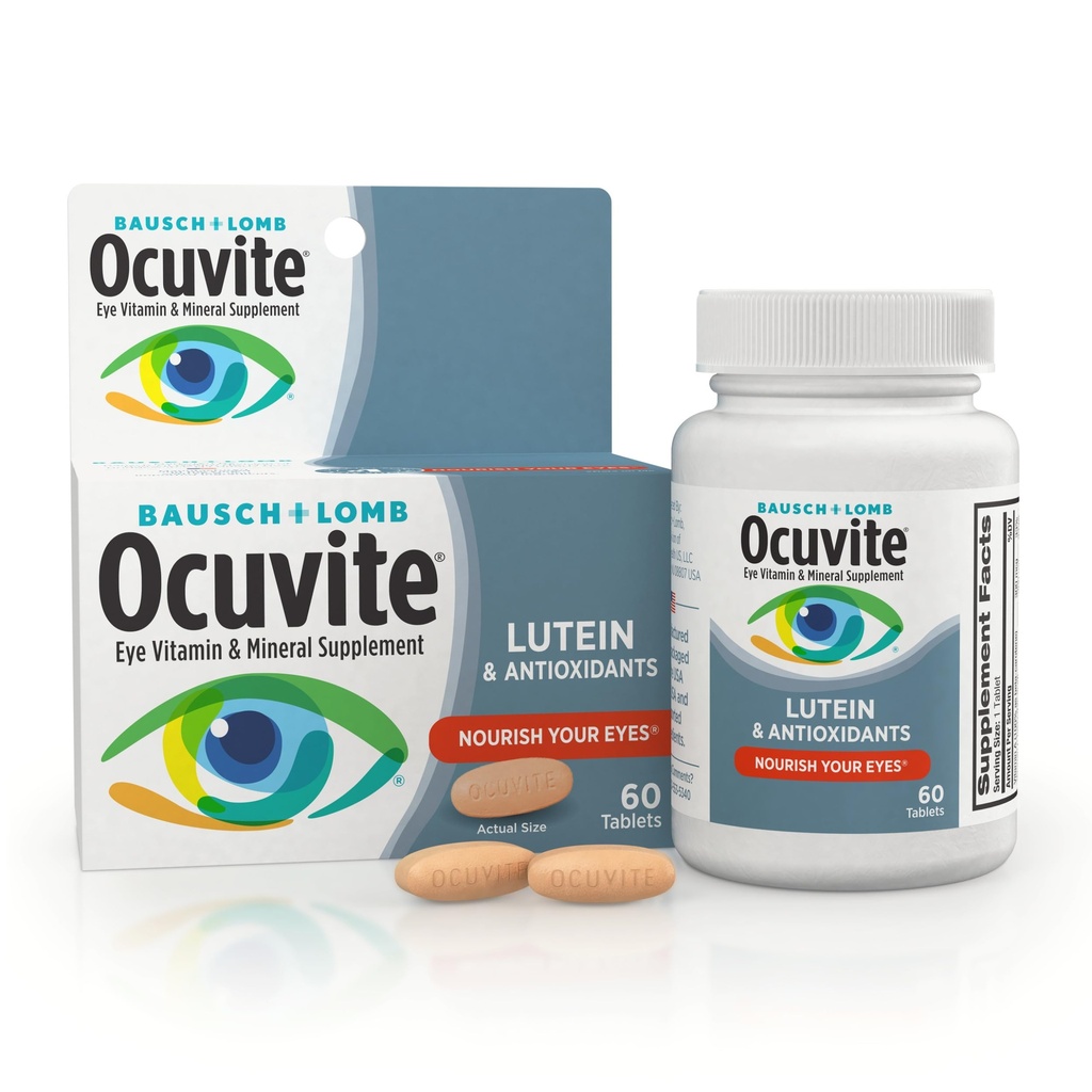Ocuvite Acu vitamīns un minerālvielas Papildinājums, luteīns un antioksidanti A, C & E vitamīni, cinks acu veselībai un atbalstam, vitamīni acīm, 60 tabletes