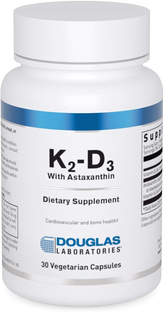 Douglas Laboratories K2-D3 ar astaksantīnu - Antioksidants Atbalsts kauliem, imūnā funkcija un asinsvadu veselība* - ar menahinonu-7 un D Vitamīnu - 30 Veģetārās kapsulas