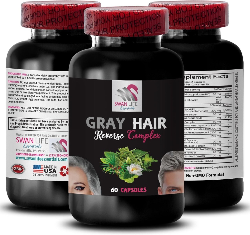 Biotīns, krāsu uzlabošana - GRAY HAIR REVERSE - atjaunot vibrāciju, matu kopšanas risinājums, atjaunot matu krāsu, krāsu restaurācija, matu toņu uzlabošana, novecojuši mati, dinamiska matu krāsa 1Bot 60Caps