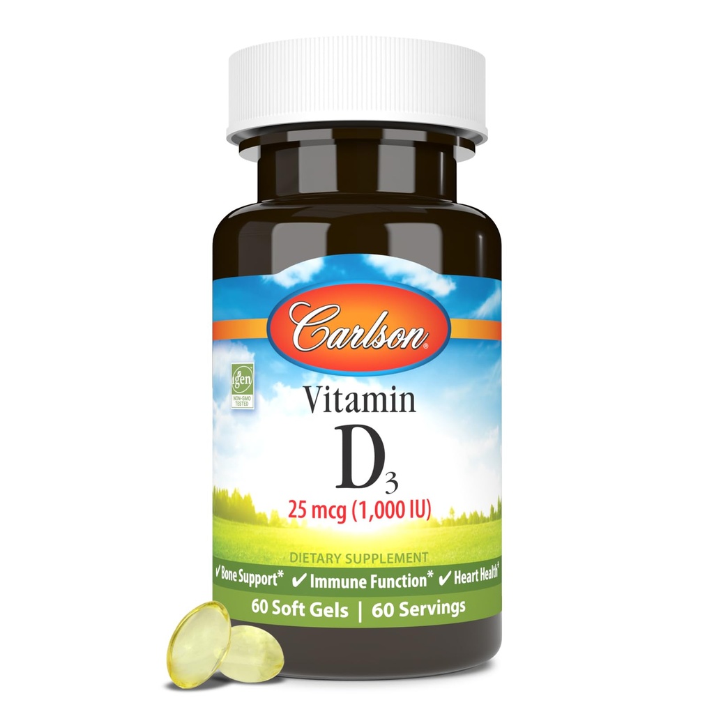 Carlson – D3 vitamīns, 1000 SV (25 μg), kaulu veselība, muskuļu veselība, holekalciferols, D vitamīna piedevas, D3 vitamīns, mīksti gels, 60 softgeli