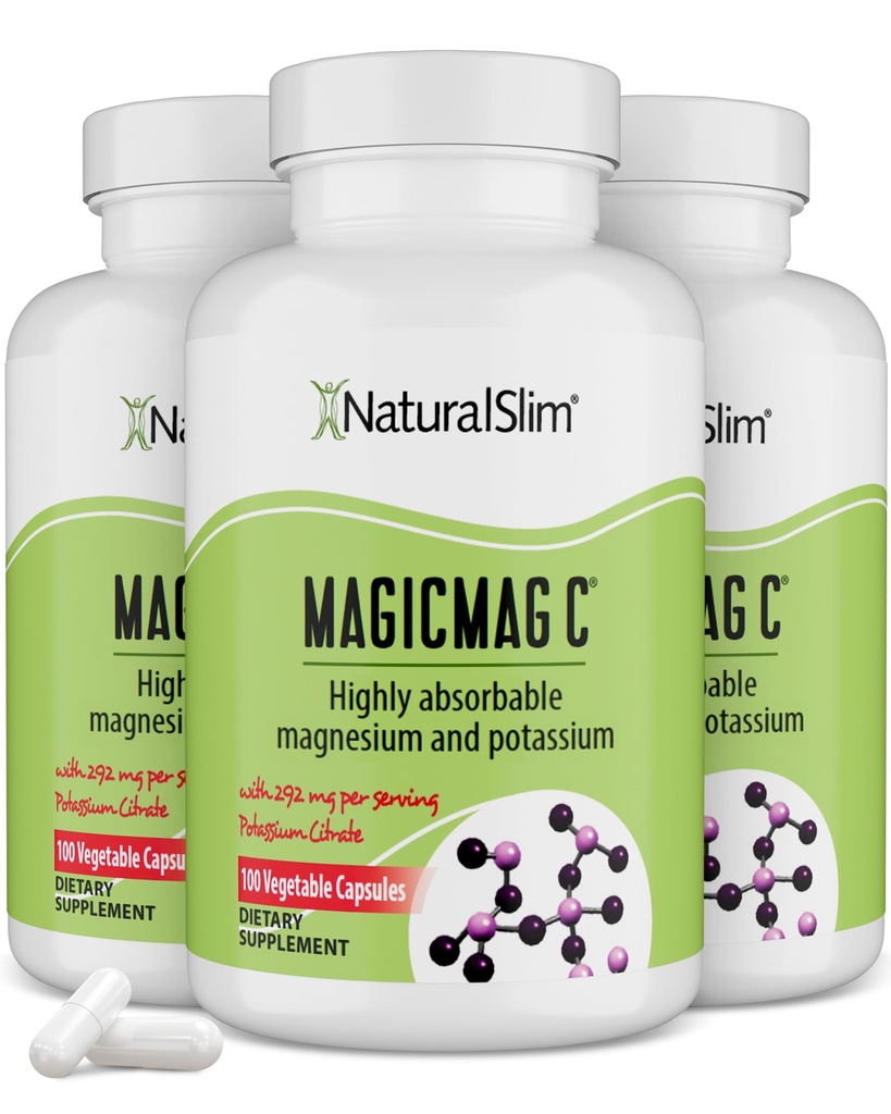 MagicMag C pēc NaturalSlim, magnija citrāts ar kāliju muskuļu relaksācijai, miega kvalitāte, nervu funkcijas un elektrolītu atbalsts, ikdienas magnija papildinājums vīriešiem un sievietēm, 100 kapsulas 3pk