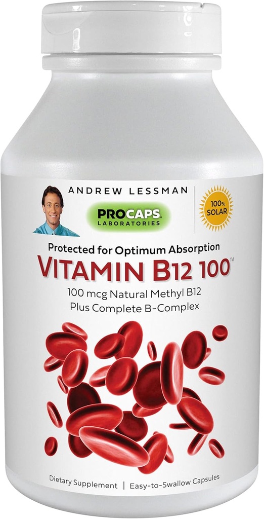 ANDREW LESSMAN vitamīns B12 100 360 kapsulas - Ar absorbciju aizsargāts metilkobalamīns (Dabīgs koenzīms vitamīns B12), būtisks enerģijas un stresa atbalstam, Plus B-Complex, viegli norīt kapsulas