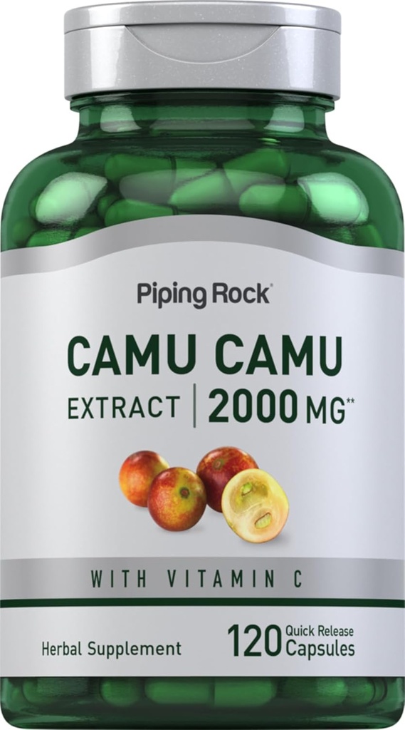 Piping rock Camu Camu Capsules 2000mg  - 120 Tabletes - Augļu ekstrakts - ar C vitamīnu -- Ne-GMO, bez lipekļa Papildinājums