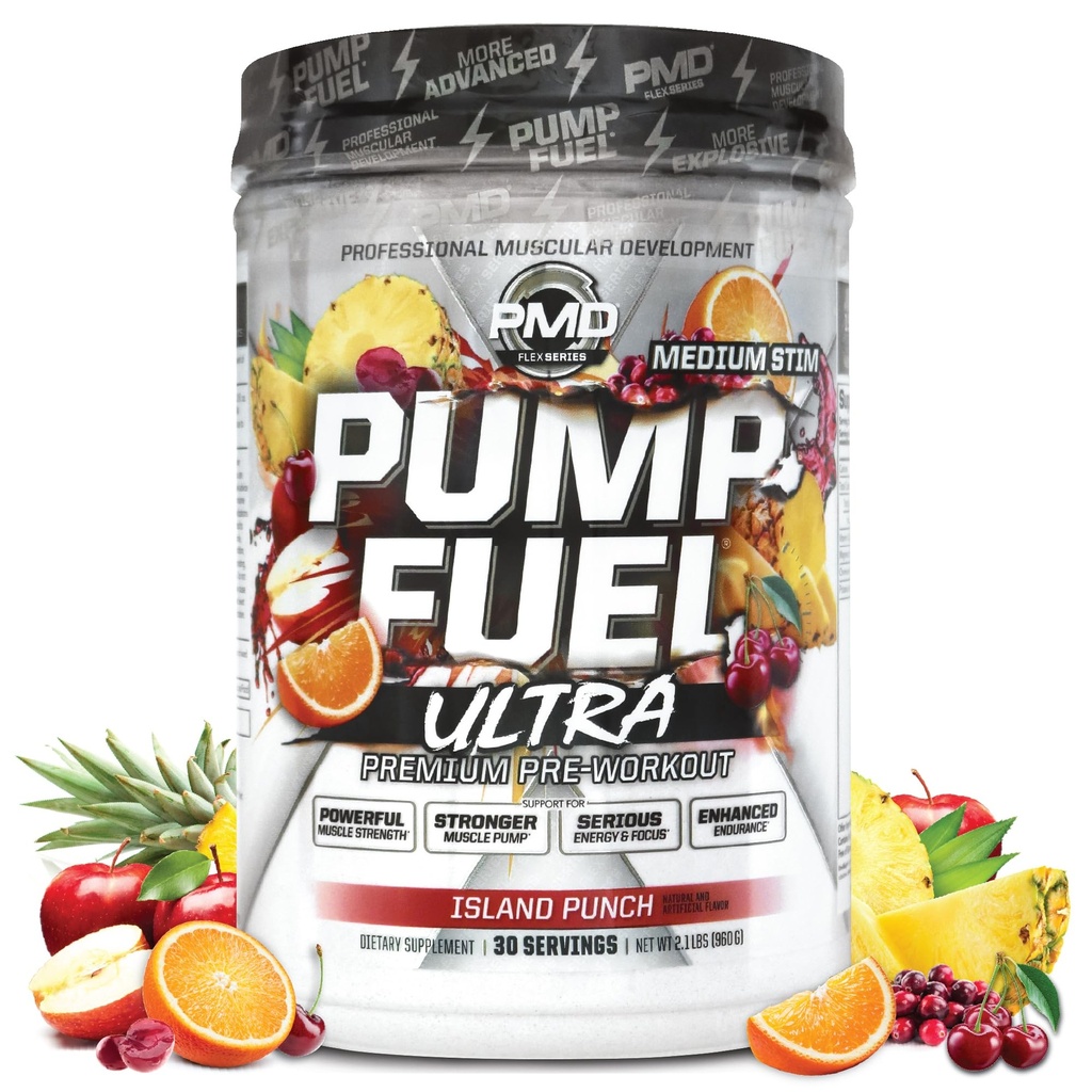 PMD Sporta sūknis Degviela Ultra Medium Stim - Premium Pirms treniņa Pulveris un muskuļu sūknis, Lielāks Focus, Izturība & Recovery, Premium Kreatīns, Arginīns & Beta Alanine - Island Punch (30 Servē)
