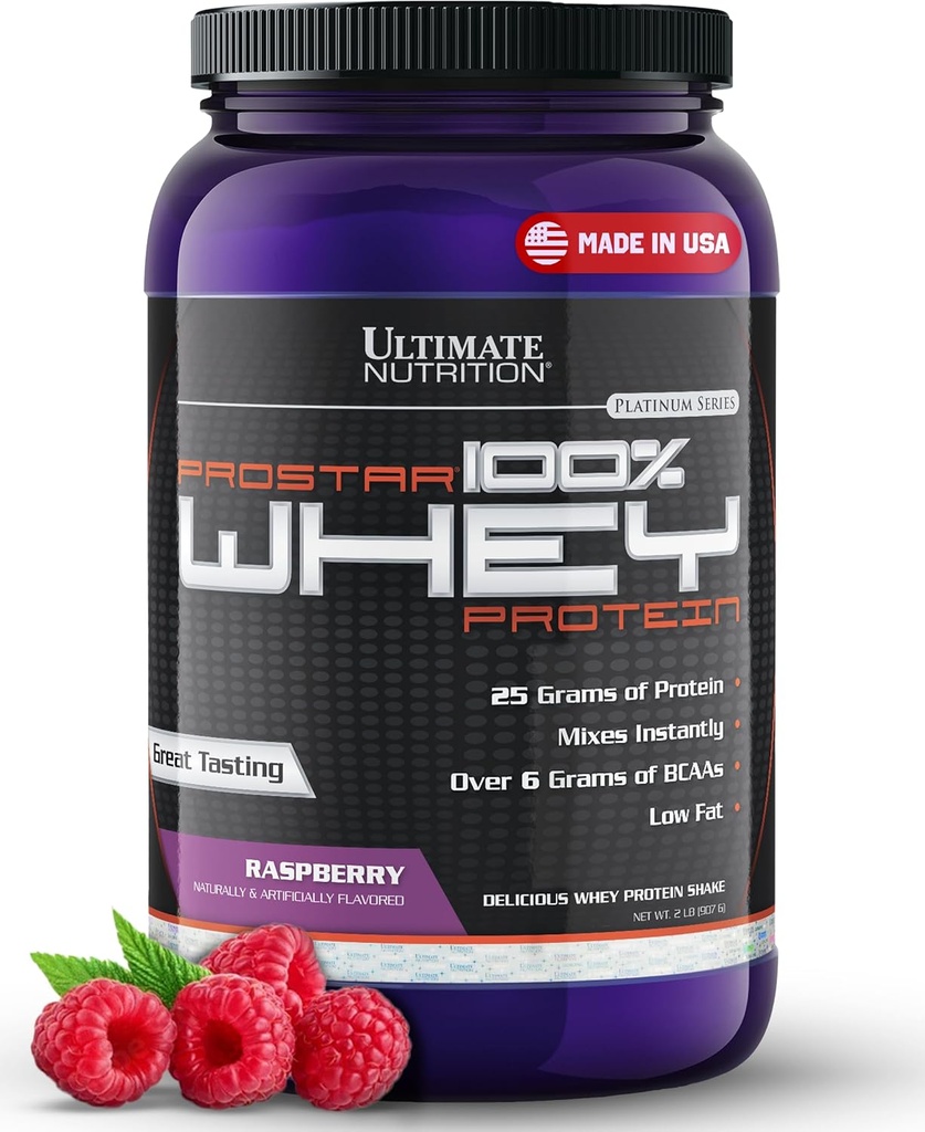 Ultimate Nutrition Prostar sūkalu proteīns Pulveris Izolāts, aveņu - zems Carb, augsts olbaltumvielu pulveris Sakratiet muskuļu Gain & Recovery - zems nātrija, zems tauku un keto draudzīgi - 2 mārciņas Tub
