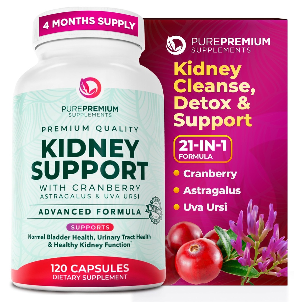 PurePremium Niere Support Papildinājums – Nieru tīrīšana Detox & Remonts ar Dzērveņu ekstraktu un Astragalus - 21-in-1 komplekss Atbalsta Normāls urīnpūslis, Urīnceļu un nieru veselība - 120 dienu piegādes
