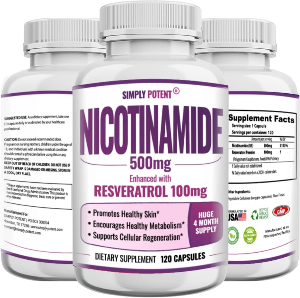 Nikotinamīds 500mg ar Resveratrol 100mg - 120 Veggie kapsulas - B3 vitamīna papildvielas tabletes, lai atbalstītu NAD, ādas šūnu veselību un enerģiju