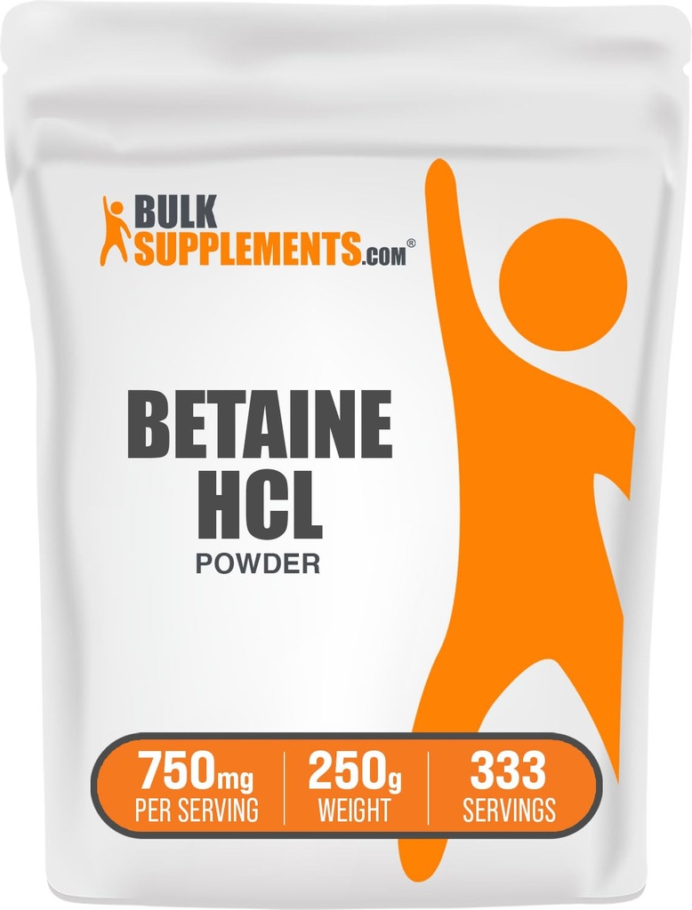 BulkSupplements.com Betaine HCl Pulveris - Betaine hidrohlorīds Papildinājums, Gremošanas atbalsts - bez lipekļa, 750mg uz vienu Kalpošanu, 250g (8,8 oz) (iepakojums no 1)