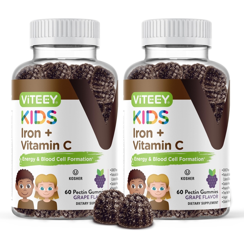 VITEEY Dzelzs bērniem ar C vitamīnu - uztur enerģiju, asins šūnu formulu, asins Builder Anemia Kids dzelzs bagātinātāji - Vegan, Želatīns bez, lipeklis bez - Garšīgs košļājamās vīnogu uzliesmojošs gumija
