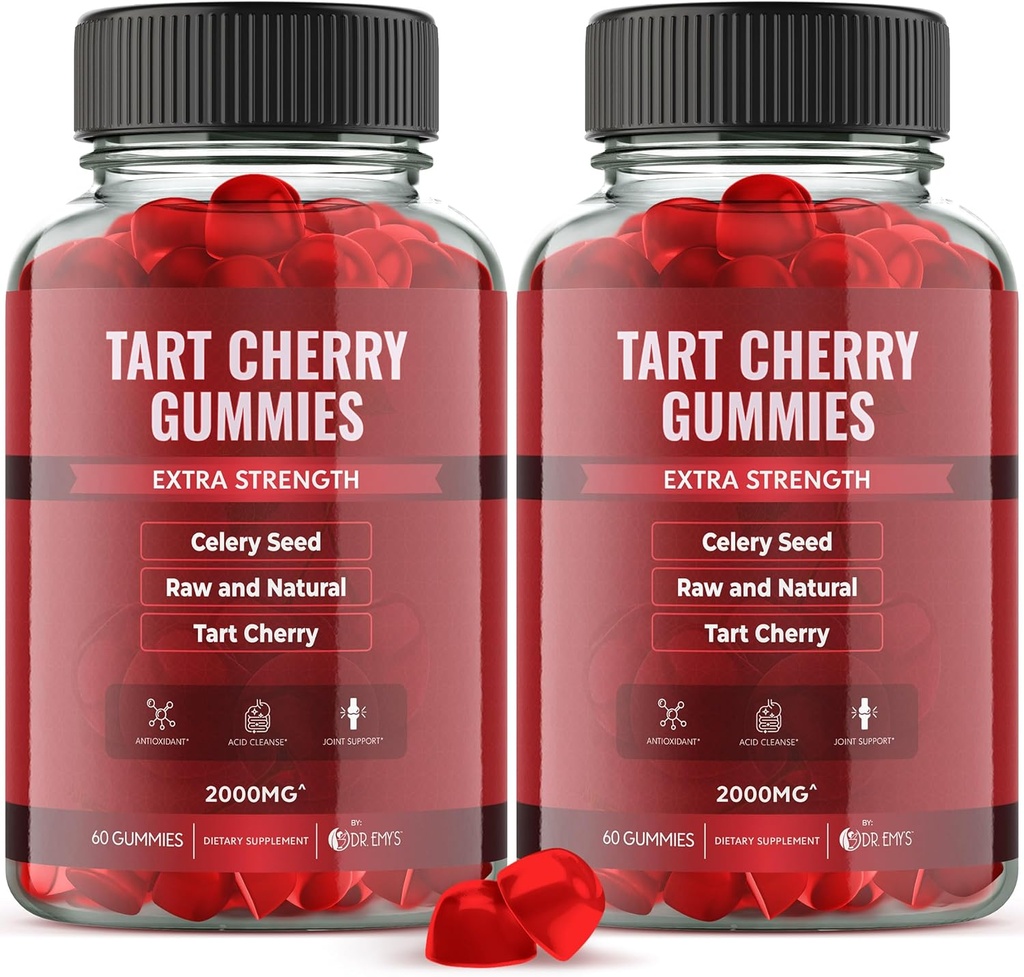 Dr. Emy's Tart Cherry ekstrakts 2000mg* Gumijas papildinājums + Selerijas sēklu ekstrakts 400mg*, Raw & Natural – Non-GMO - Gluten un Želatīns bez Vegan, locītavu Comfort urīnskābes tīrība