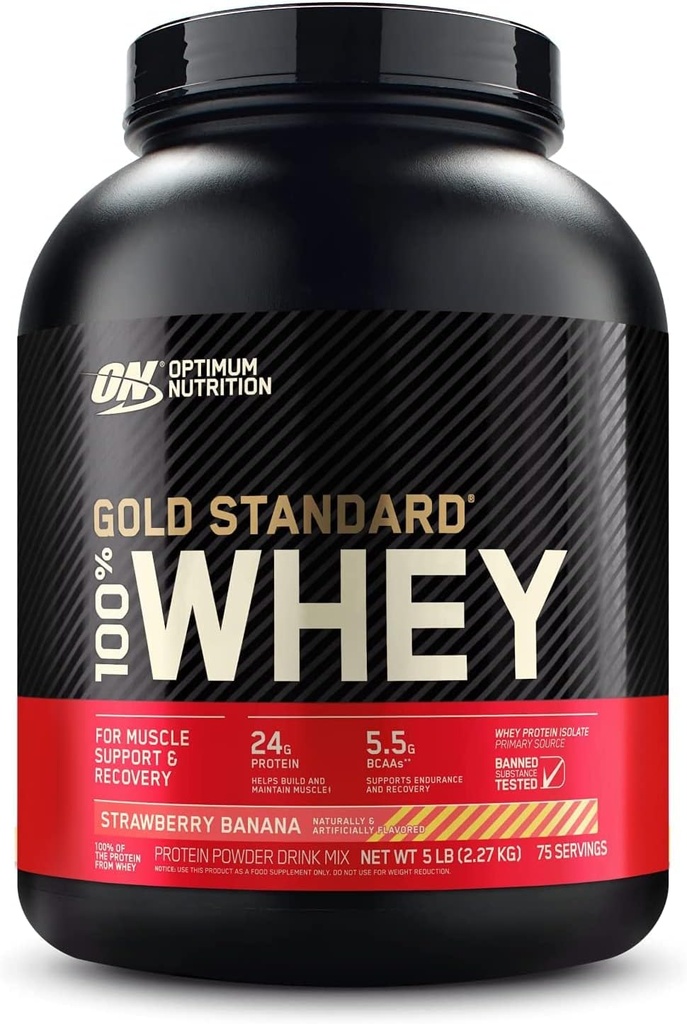 Optimum Nutrition Gold Standard 100% sūkalu olbaltumvielu pulveris, zemeņu banānu, 5 mārciņa (iepakojums May Vary)