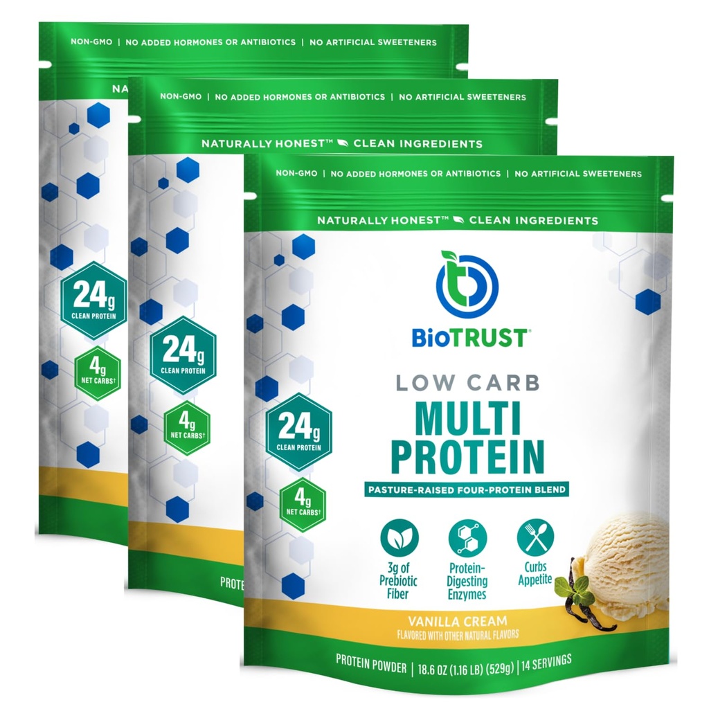 BioTrust zems ogļhidrātu Pulveris – Dabīgs un Delicious Whey & Casein Blend no zāles-Fed Hormonu brīvas govis – nav ĢMO, nav sojas, nav lipekļa, nav Hormonu (Vanilla, 3-Pack)