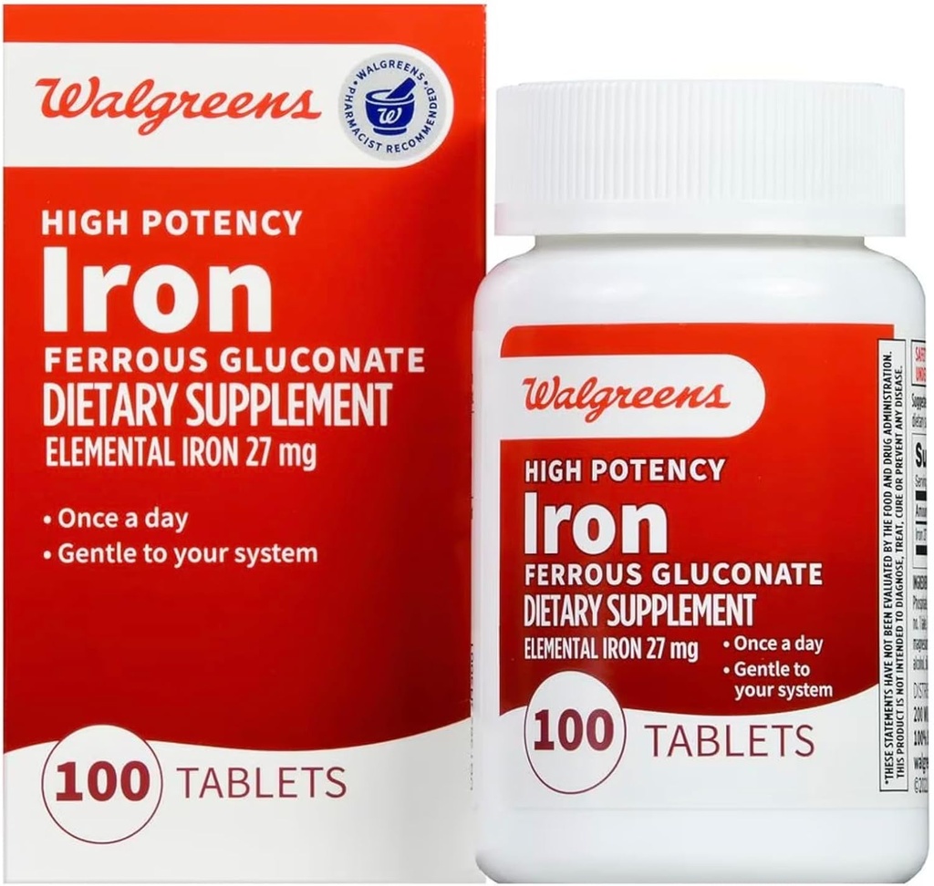 Walgreens High potencial Iron Ferrous Gluconate 27mg, tabletes, 100 ea