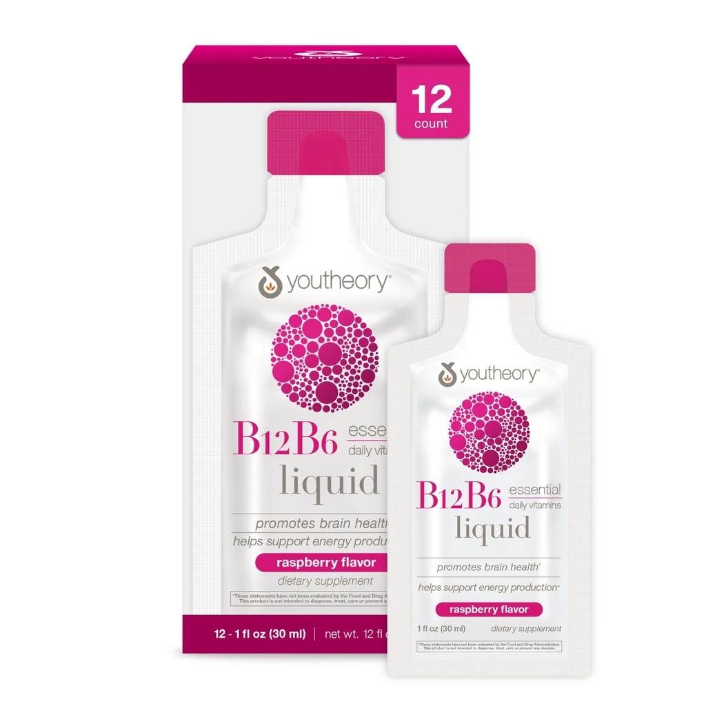 Youtheory Vitamīns B12 B6, Dienas enerģija un smadzeņu atbalsta papildinājums, Šķidrs Aveņu Flavor, 12 – 1oz viens apkalpo paketes