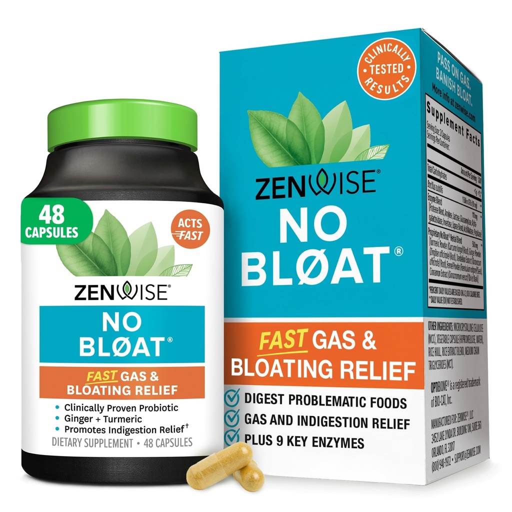 Zenwise Veselība Nav Bloat Gremošanas Fermenti Gut veselībai, Gāzu un uzpūšanās Relief - Multi Fermentu Gremošanas Papildinājums ar Probiotikām, Ingvers, Turmeric Dandelion & Lactase - Vīrieši un sievietes - 48 Skaits