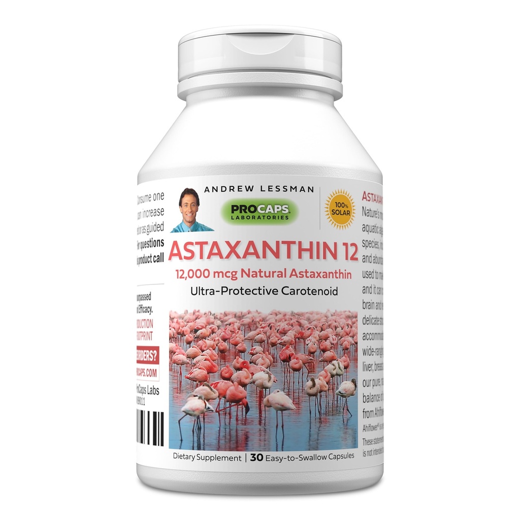 ANDREW LESSMAN Astaksantīns 12mg - 30 Softgels - 12000 μg Dabiskais astaksantīns, spēcīgs pretoksidants karotinoīds. Acu, sirds, ādas un citu orgānu aizsardzība. Nav piedevu. Viegli norīt softgelus