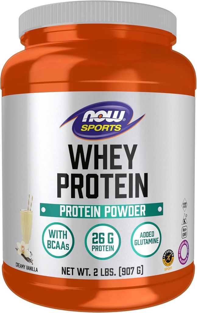NOW Foods Sports Nutrition, sūkalu proteīns, 26 g ar BCAAs, Creamy Vanilla pulveris, 2-putns