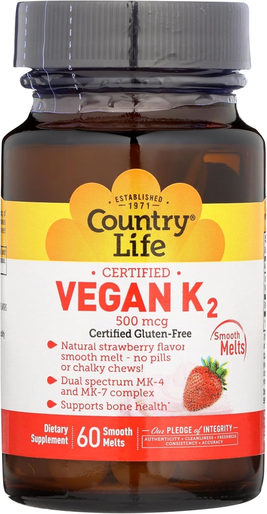 Valsts dzīve Vegan vitamīns K2, 500 μg, Dual Spectrum MK-4 un MK-7 komplekss, atbalsta kaulu un zobu veselību, 60 košļājamās tabletes, zemeņu uzliesmotājs