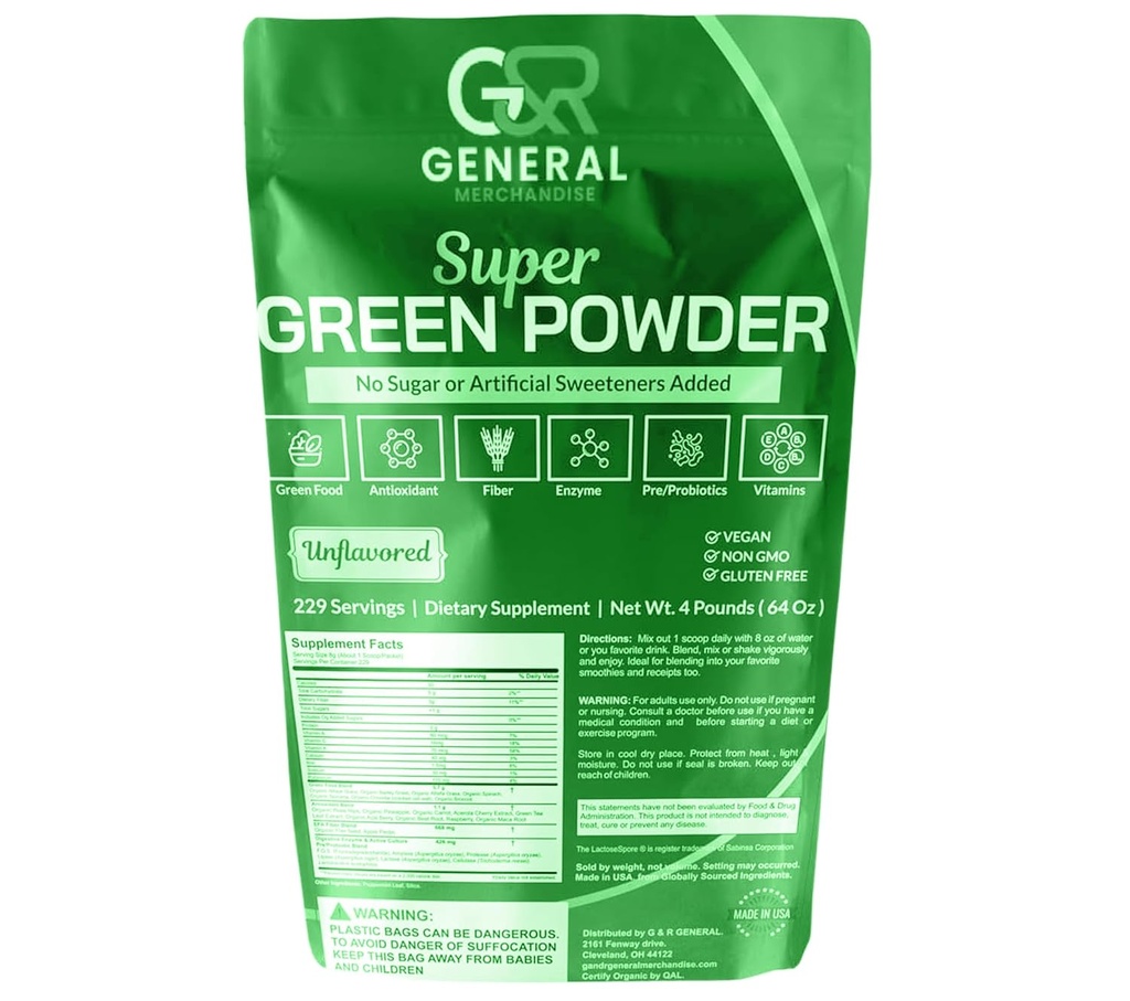 Super Greens pulveris Superfood Organic, 229 Servings Gremošanas Fermenti, Probiotikas un vitamīni Dārzeņi (siltumzāles, Spirulina un vairāk), Augļi, 4 Pounds(64oz).