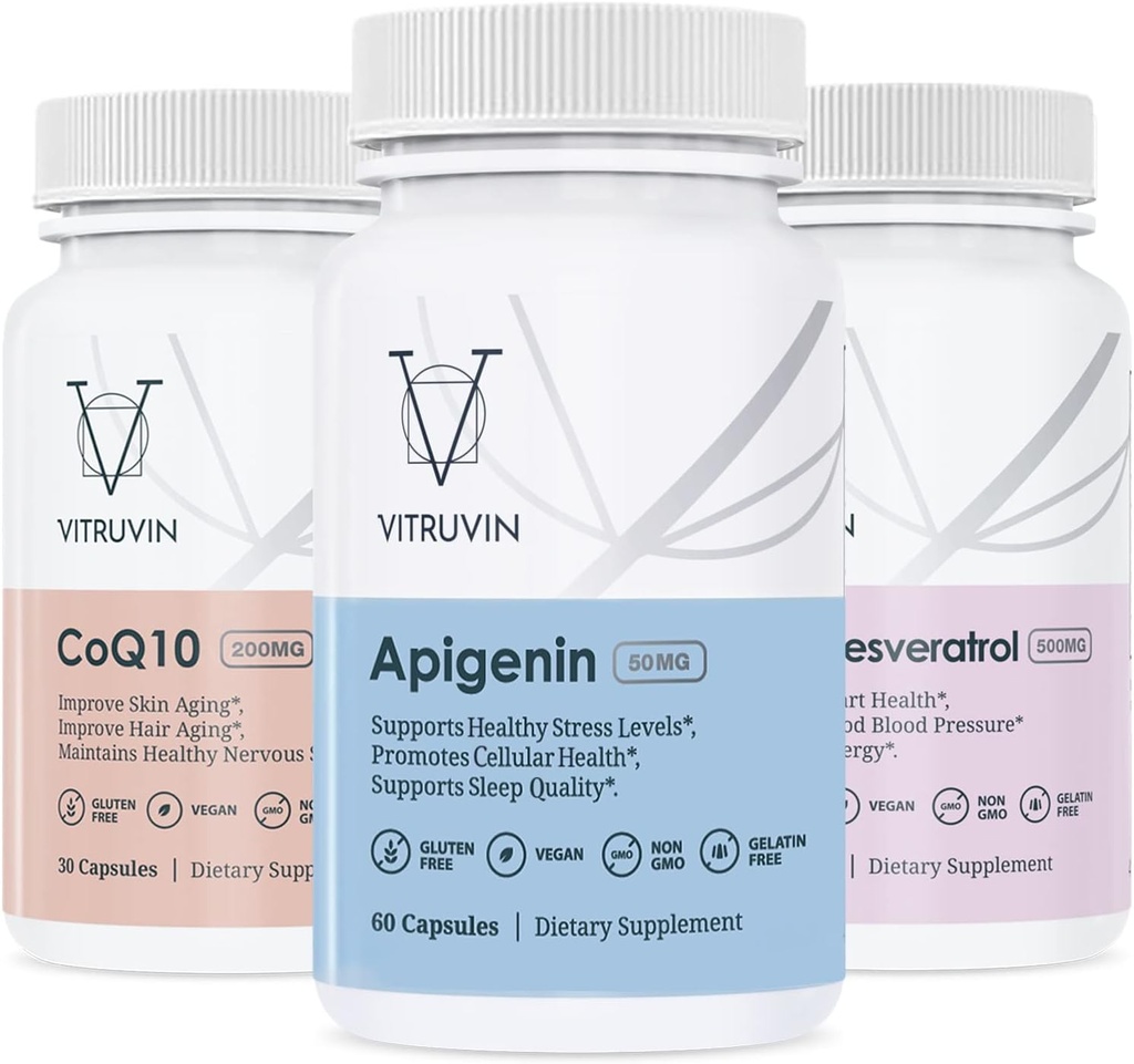 Vitruvin Sport Recovery (Apigenin 2 x 50mg, COQ10 200mg, Resveratrol 500mg) Vegan, Non-GMO, No Gluten, Želatīns-Bez.
