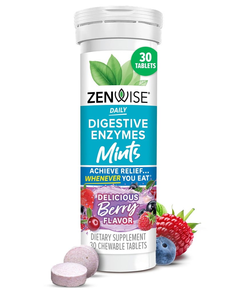 Zenwise Veselība Gremošanas enzīmi Elpas pipete Gut veselībai, Delicious Berry Flavor - Gremošanas enzīmi Bloating Reljef & Gut Support - Multi enzīmu Gremošanas papildinājums - 30 košļājamās tabletes