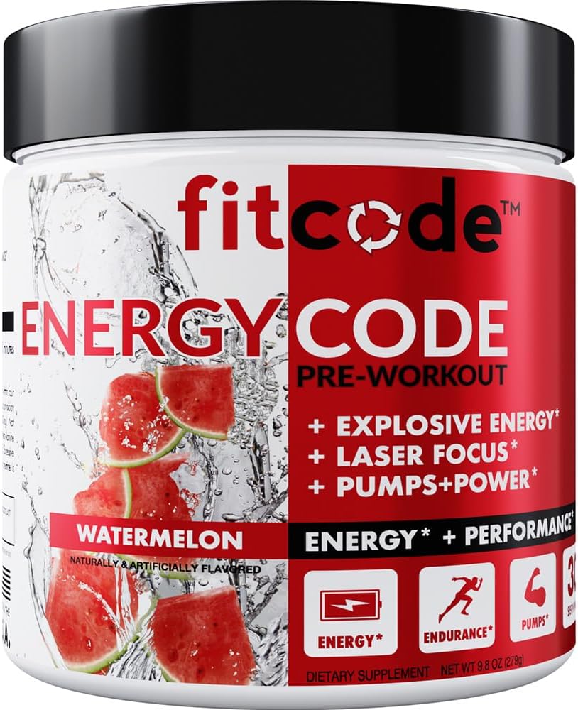 fitcode EnergyCode - Pirms treniņa ar kreatīnu Pulveris - Enerģijas un veiktspējas dzēriens - Muskuļu stiprums un izturības papildinājums - Satur kofeīnu - 30 Kalpojumi - Arbūzs