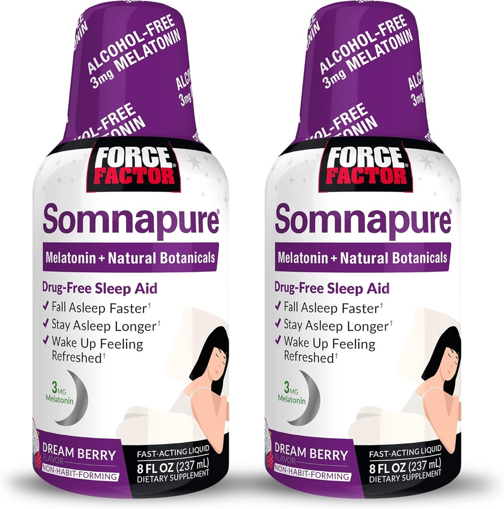 FORCE FACTOR Somnapure, 2-Pack, Miega palīglīdzeklis pieaugušajiem ar Melatonīnu, Valerian Root, & Citron Balm, Šķidro Papildinājums Fall Asleep Ātrāk, Stay Asleep Ilgāk, & Pamodināt Atsvaidzināt, 16oz, 48 Kalpo