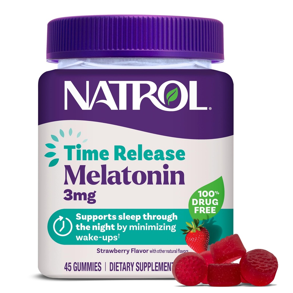 Natrol Time Release Melatonin Gummies, Miega atbalsts pieaugušajiem, 3 mg Melatonīna papildinājumi Miega atbalstam, 45 zemeņu gumijas, līdz 45 dienu piegādes