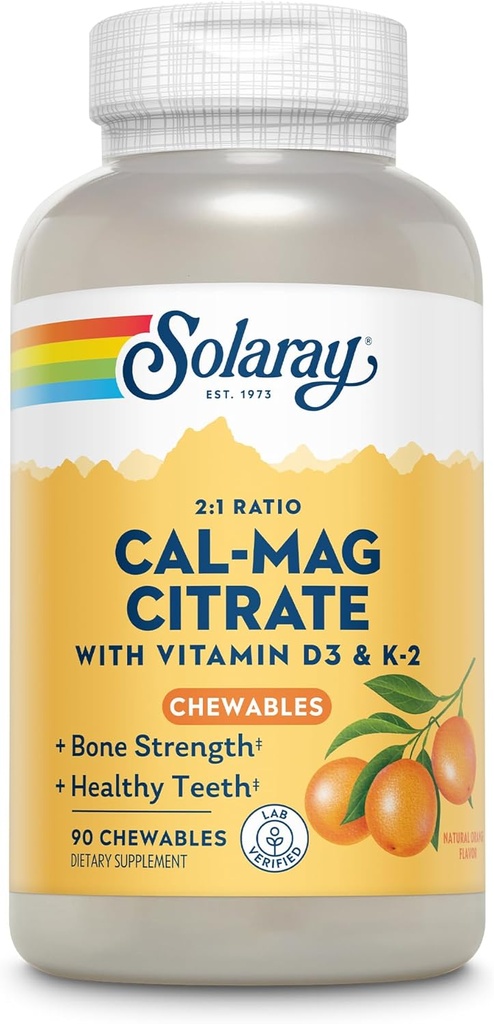 Solaray Cal- Mag Citrāts Plus D-3 & K-2 Orange Chewables - 90 Skaits