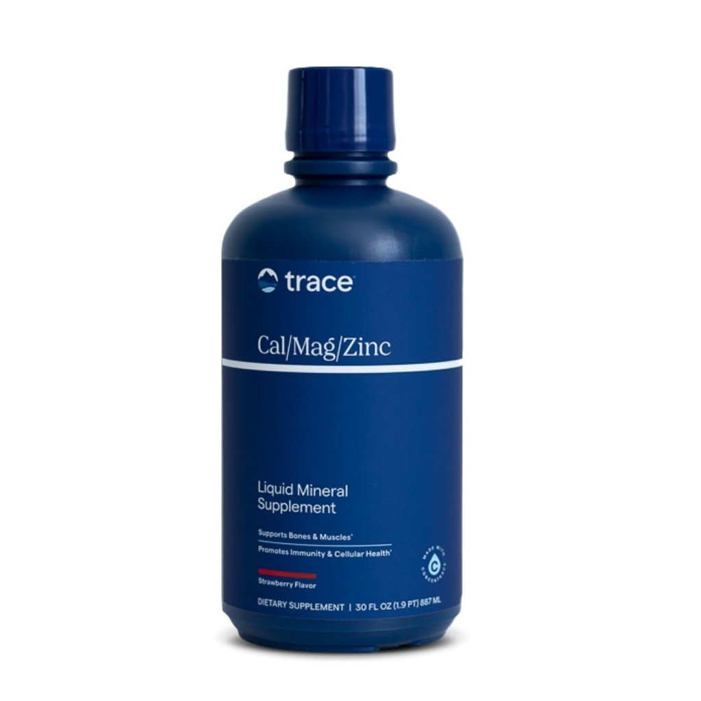 Trace Minerals Cal/Mag/Zinc - Šķidro Minerālu Papildinājums dabas ķermeņa veselībai - Kaulu, muskuļu un šūnu veselība - Atbalsta Immunity & Energy - Bez lipekļa - 30Fl Oz (32 Kalpo) - Dabīgo zemeņu