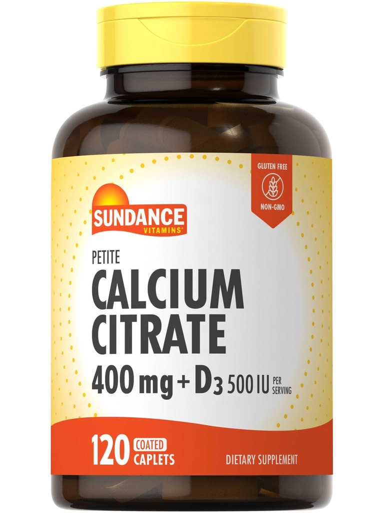 Sundance kalcija citrāts ar vitamīnu D3 - 400 mg - 120 Caplets - Petite - Veģetārs, bez GMO un lipekļa piedevas
