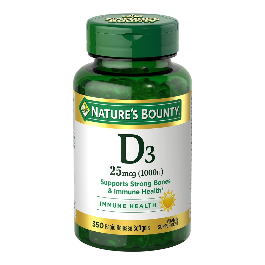 Dabas bounty vitamīns D3 1000 IU softgels, Imūnsupport, veicina veselīgu kaulu, 1 softgel dienā, bez lipekļa, 350 grāfs