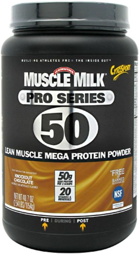 Muskuļu piens Pro Sērija Proteīna pulvera papildinājums, Knockout Šokolāde, 2.54 Pound, 14 Servē, 50g Olbaltumvielas, 3g Cukura, 20 Vitamīni un minerālvielas, NSF Sertificēts sportam, Iepakojums May Vary