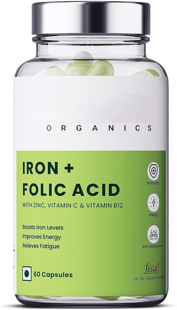 Dzelzs + Folijskābe Papildinājums ar cinku, C vitamīns un B12 vitamīns; 60 Veg Kapsulas;